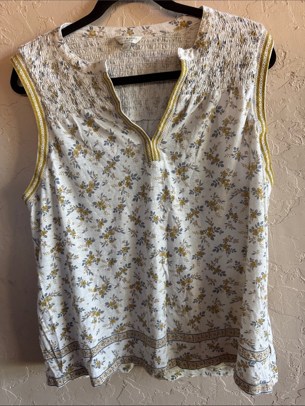 Lucky Brand Floral Smocked Sleeveless Top Boho Cotton Modal Yellow White Tank XL